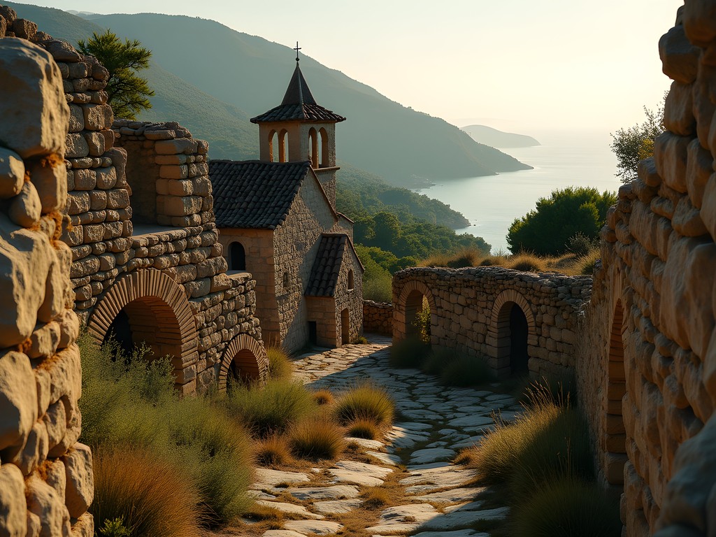 Ancient stone ruins of Old Skiathos town with hiking trail