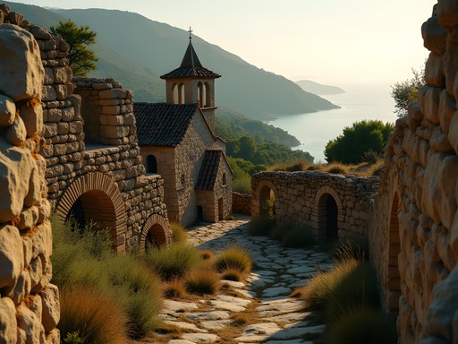 Ancient stone ruins of Old Skiathos town with hiking trail