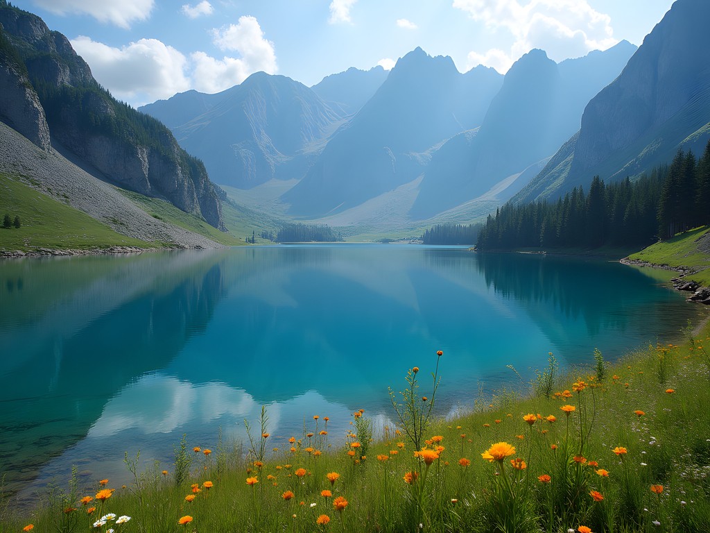Pristine alpine Lake Kardyvach surrounded by Caucasus mountain peaks