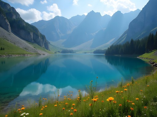Pristine alpine Lake Kardyvach surrounded by Caucasus mountain peaks