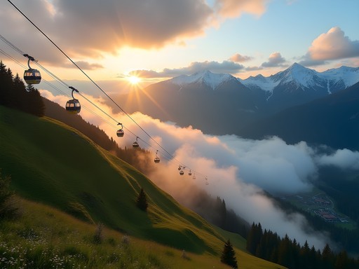Morning mist over Rosa Khutor mountain resort in Sochi with cable cars ascending