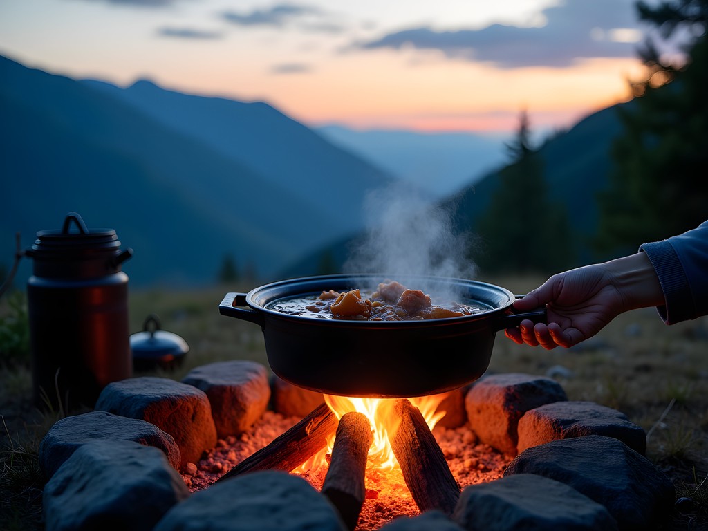 Traditional Caucasian mountain meal being prepared over campfire with mountain backdrop