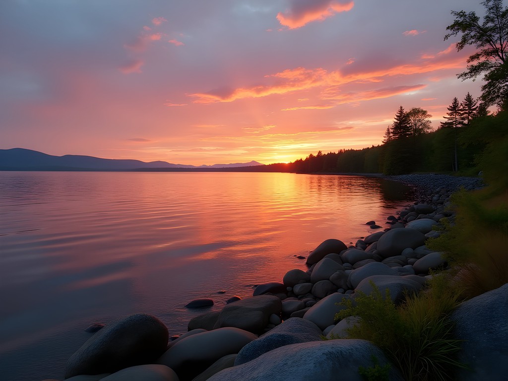 Sunrise over Lake Champlain with Green Mountains silhouette from South Burlington Vermont