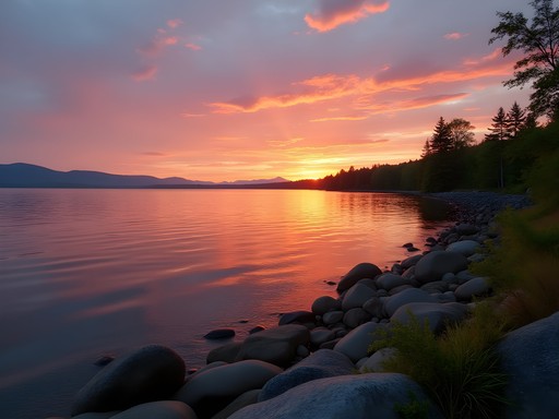 Sunrise over Lake Champlain with Green Mountains silhouette from South Burlington Vermont