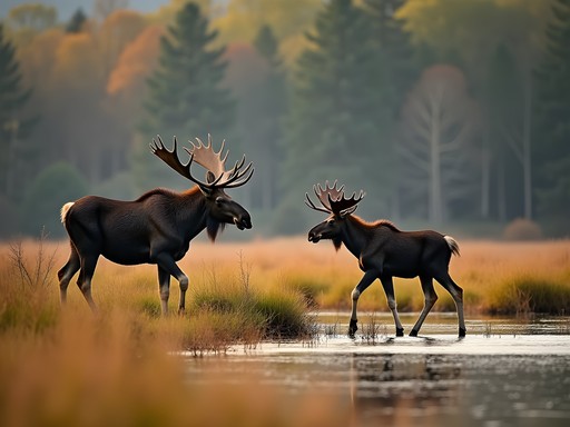 Wild moose cow with calf in Vermont Green Mountains wetland habitat summer