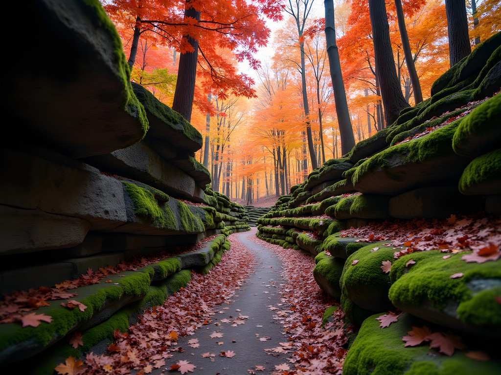 Couple hiking through vibrant fall foliage on Devil's Den Butterfield Trail