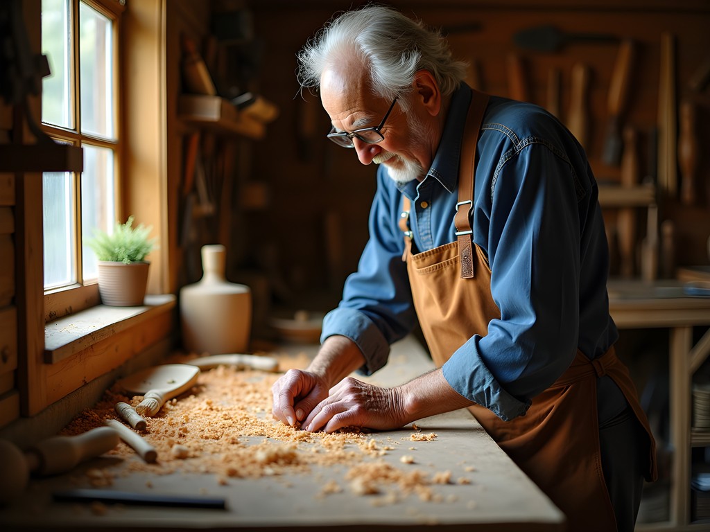 Traditional Ozark craftsman demonstrating woodworking techniques in rustic workshop