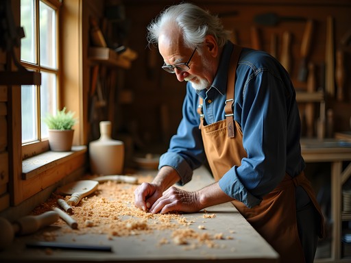 Traditional Ozark craftsman demonstrating woodworking techniques in rustic workshop
