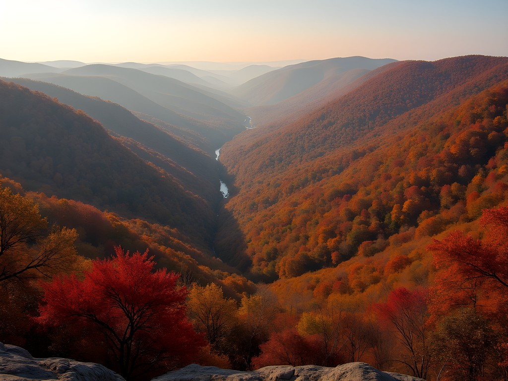 Panoramic view of Ozark Mountains from Springdale overlook with fall foliage