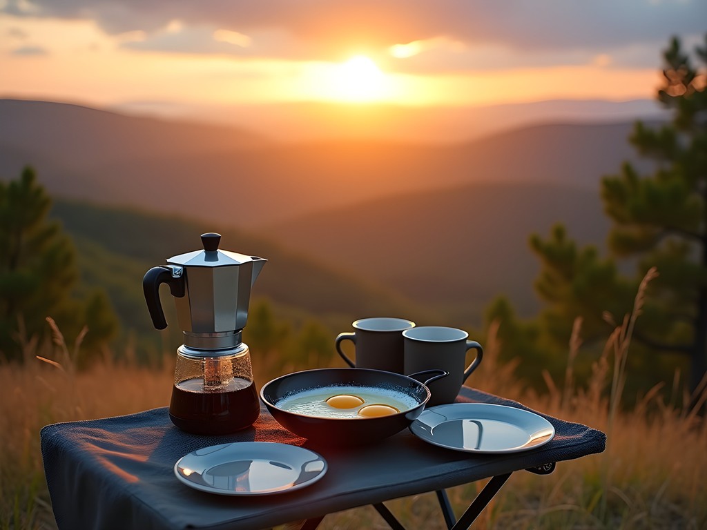 Camping breakfast setup with portable stove and coffee overlooking misty Ozark Mountains at sunrise