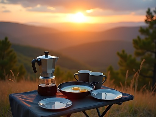 Camping breakfast setup with portable stove and coffee overlooking misty Ozark Mountains at sunrise