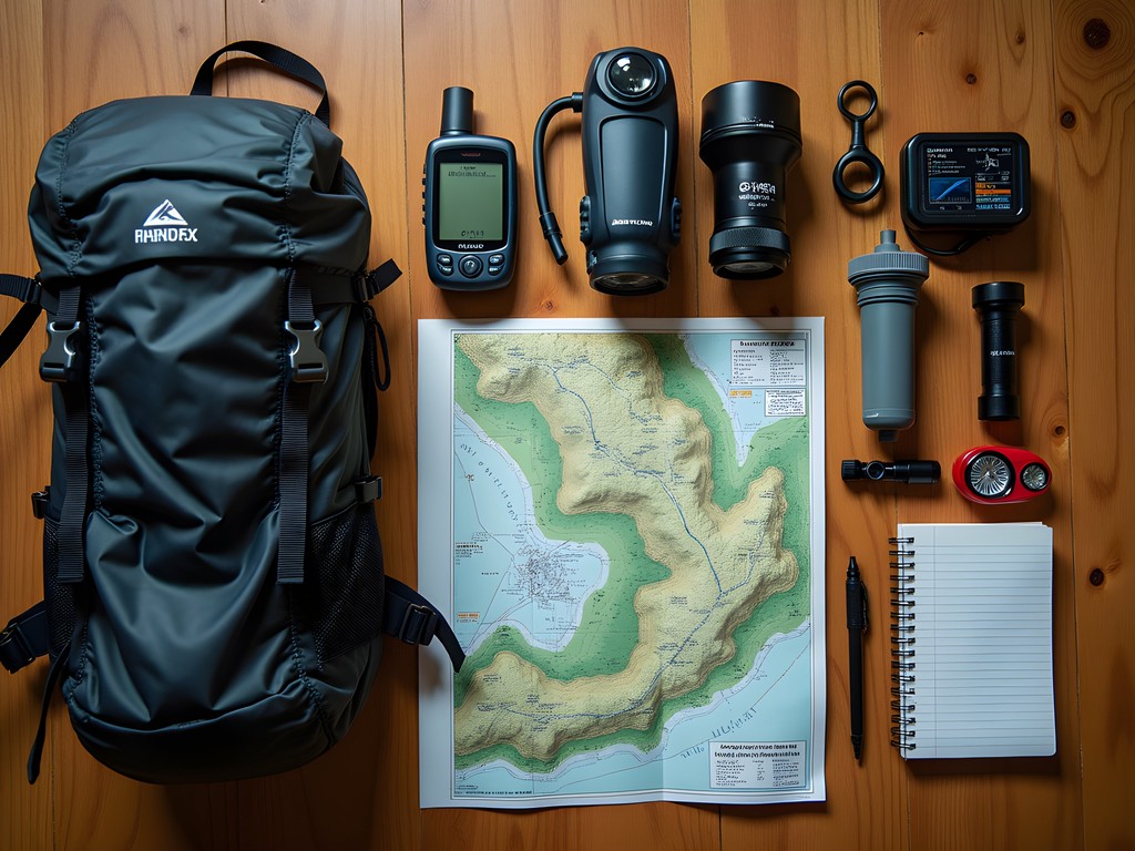 Organized hiking gear including maps, GPS device, water filter and weather tools laid out for Ozark mountain adventure