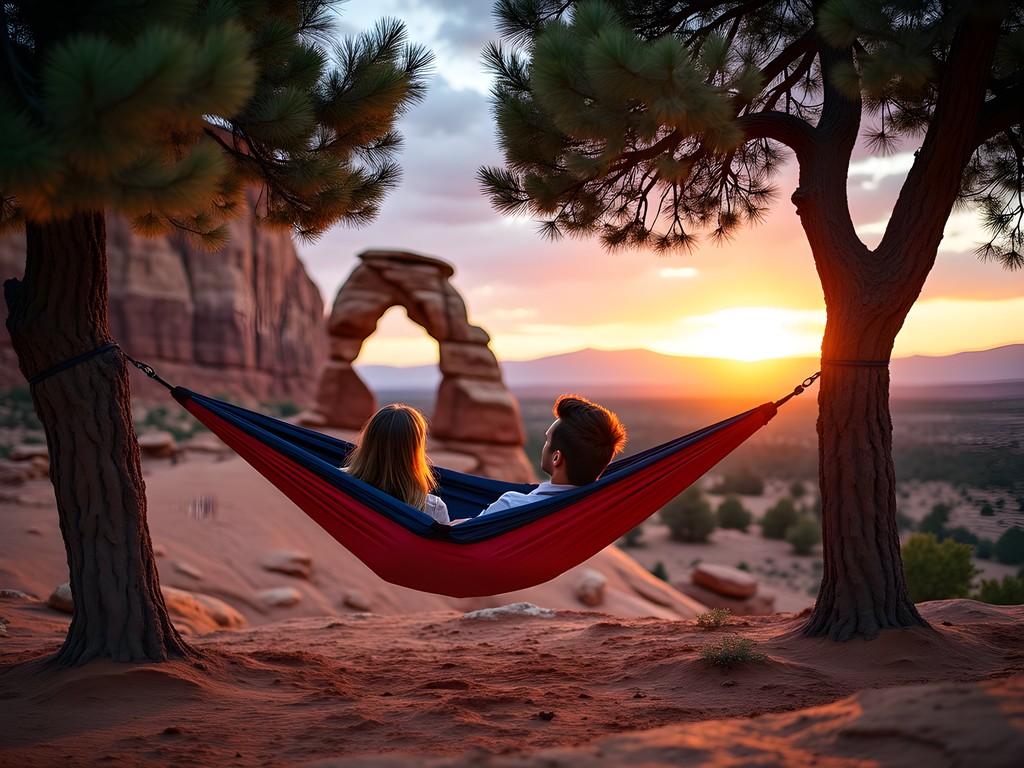 Couple in hammock watching sunset at Elephant Arch near St. George