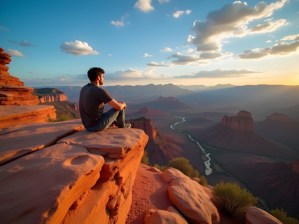 Elena Lawrence sitting in contemplation at Red Mountain summit overlooking St. George panorama
