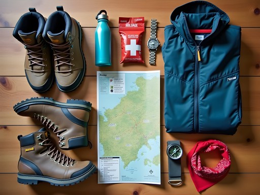 Essential hiking gear laid out for Connecticut autumn trails