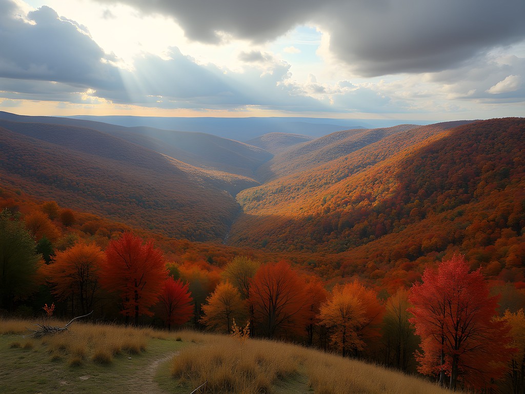 Panoramic view from Devil's Den Preserve showing Connecticut highlands in fall colors
