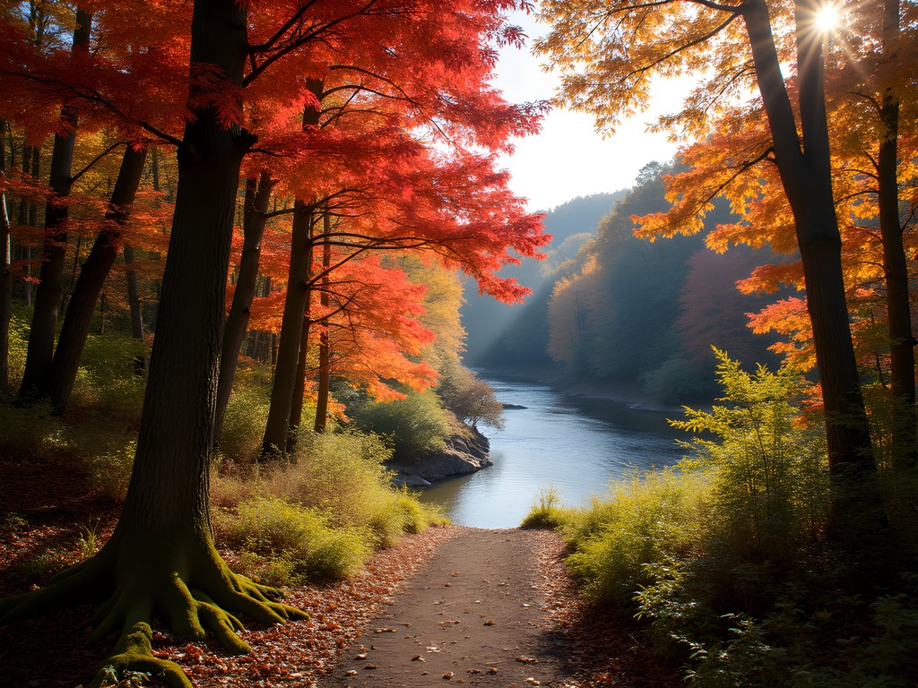 Hiking trail along Mianus River with vibrant fall foliage