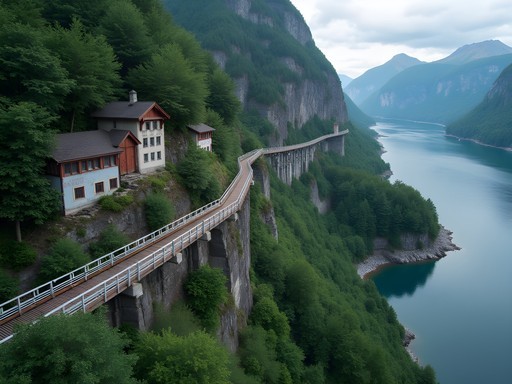 Aerial view of Flørli 4444 wooden staircase ascending alongside Lysefjord