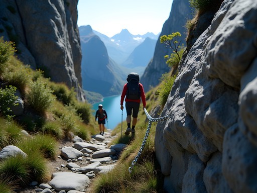 The technical approach to Kjerag boulder with chain-assisted climbing sections