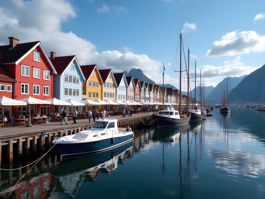 Stavanger harbor with colorful wooden buildings and mountains in background