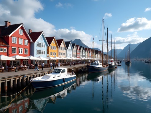 Stavanger harbor with colorful wooden buildings and mountains in background