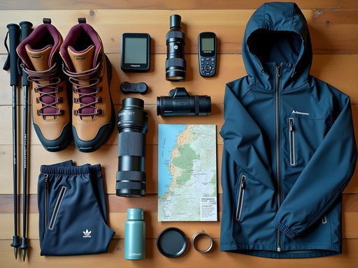 Technical hiking gear laid out for Norwegian fjord hiking with Lysefjord map