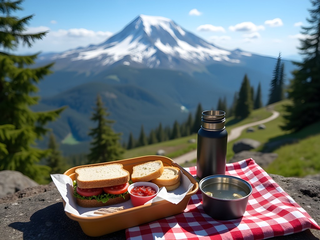 Picnic lunch with view of Mt. Rainier from hiking trail overlook