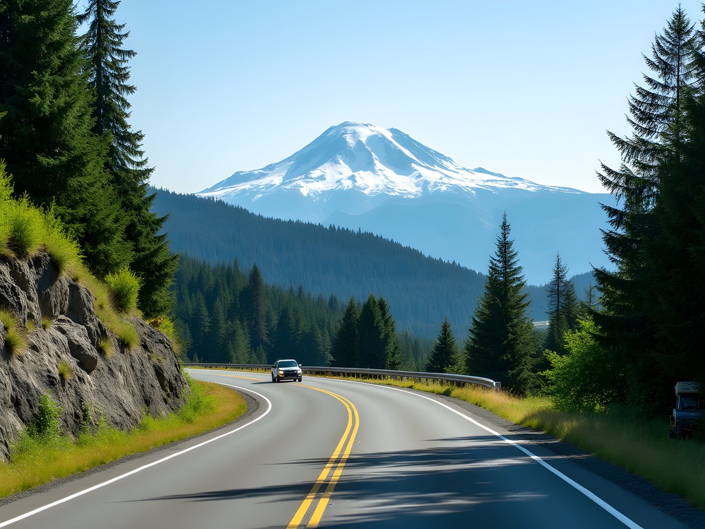 Winding mountain road from Tacoma to Mt. Rainier with vehicle for scale