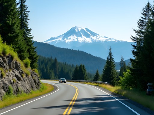 Winding mountain road from Tacoma to Mt. Rainier with vehicle for scale