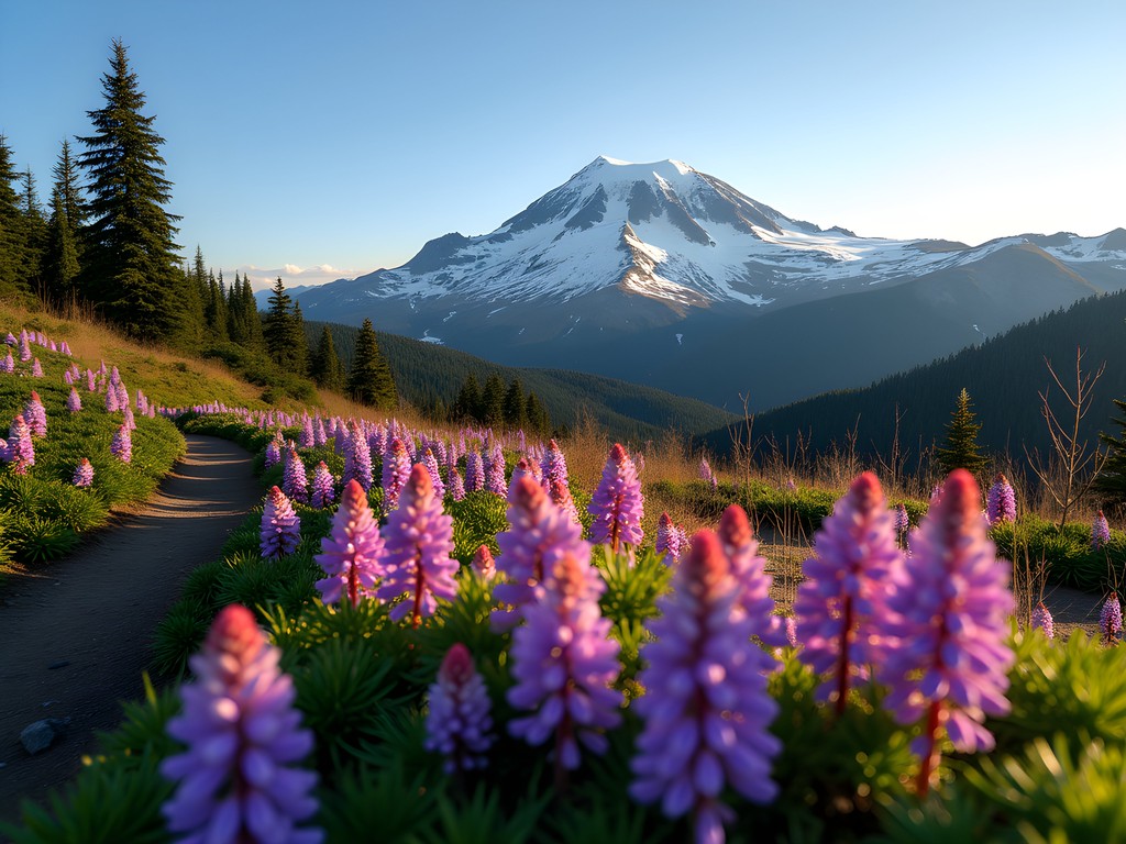 Skyline Trail at Mt. Rainier with wildflowers and mountain view