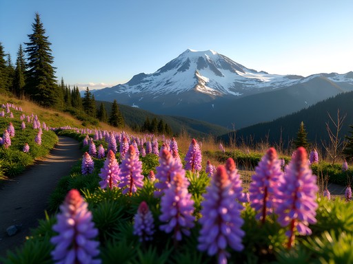 Skyline Trail at Mt. Rainier with wildflowers and mountain view