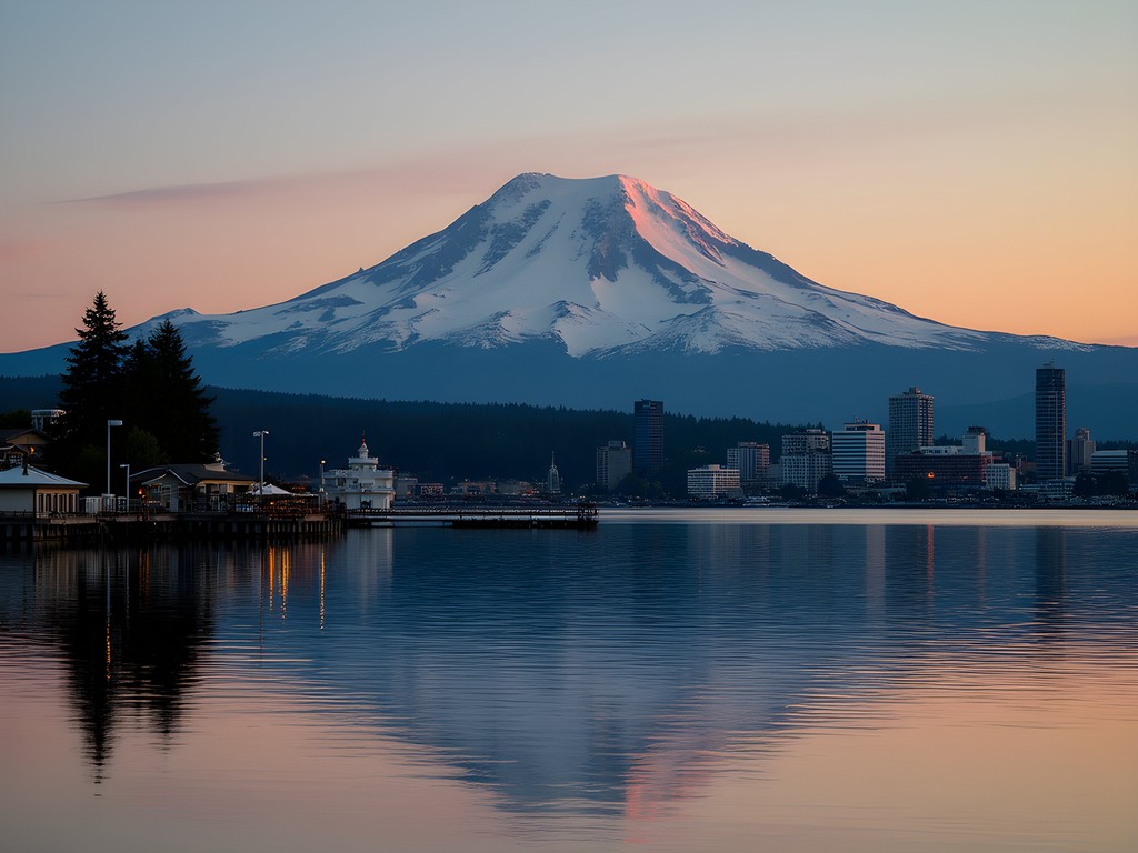 View of Mt. Rainier from Tacoma waterfront with city skyline