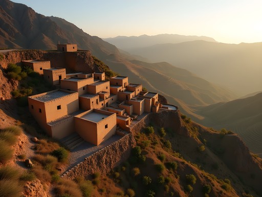 Traditional Berber village with terraced agricultural fields in Morocco's Rif Mountains