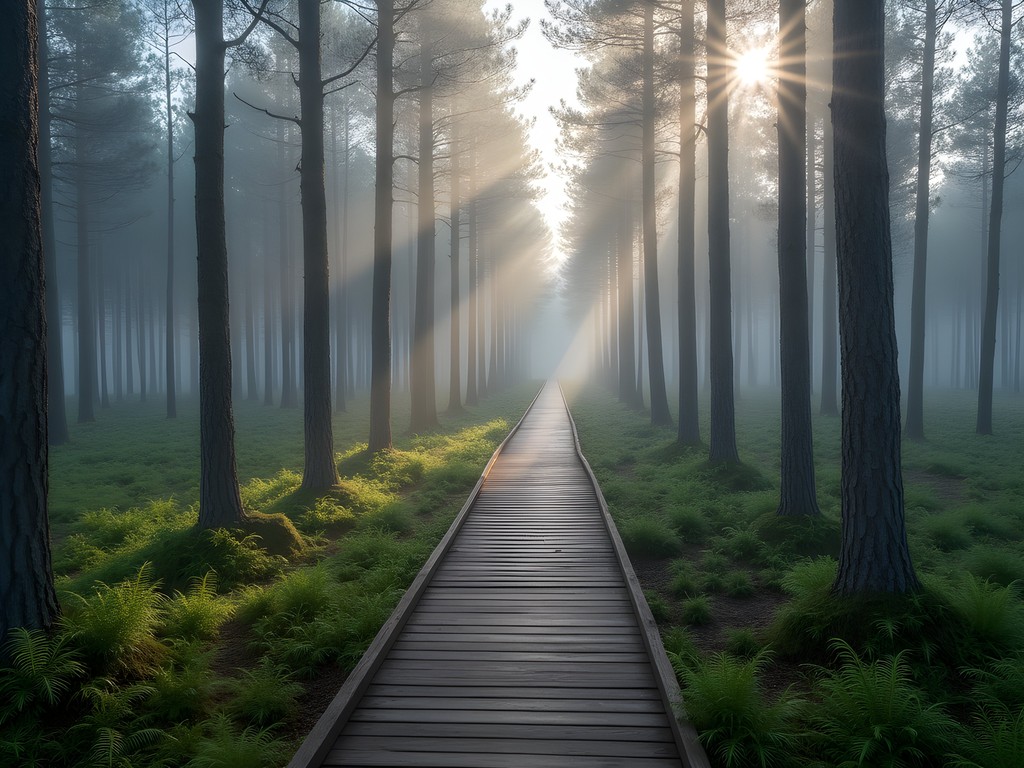 Wooden boardwalk through misty pine forest in Elva-Vitipalu recreation area, Estonia