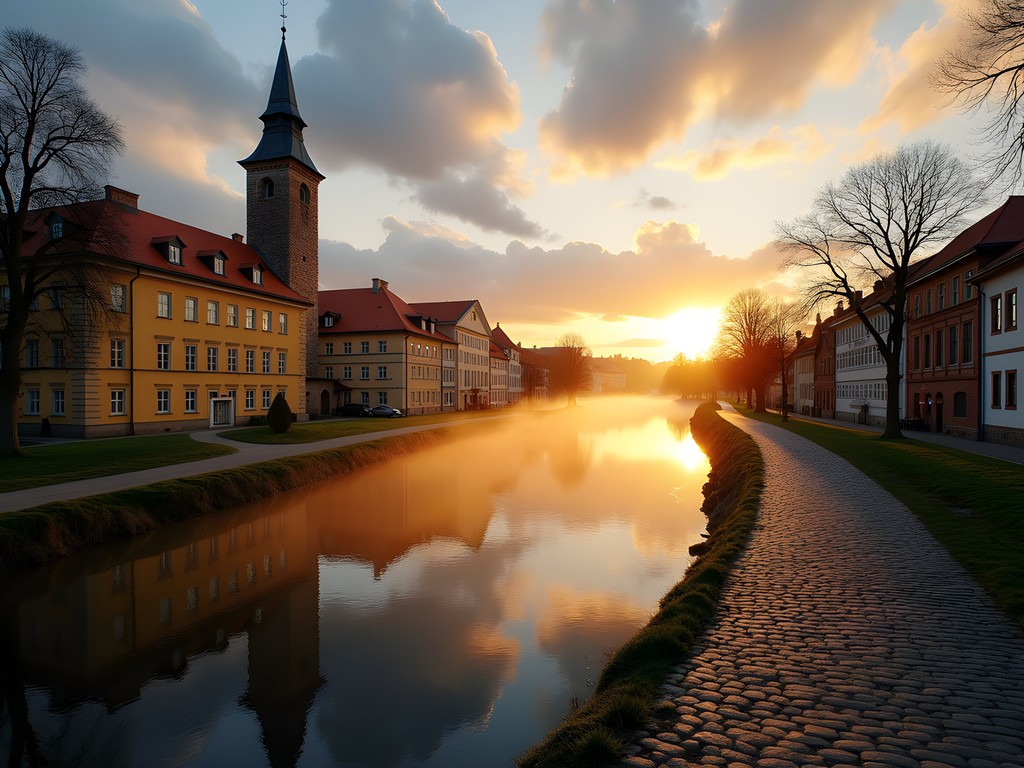 Early morning view of Tartu with Emajõgi River and university buildings in golden light