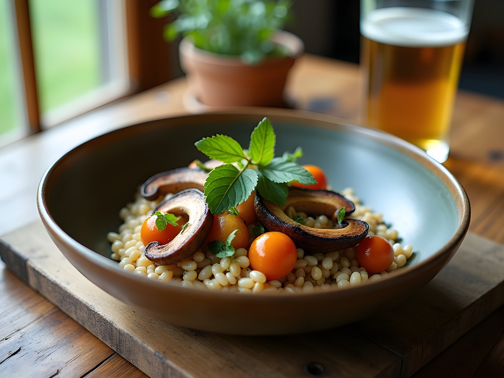 Artfully presented vegan Estonian meal featuring forest mushrooms, barley, and local herbs