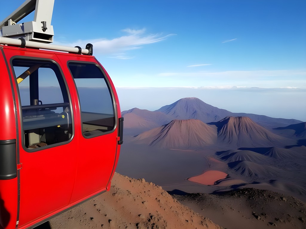 Cable car descending Mount Teide with volcanic landscape views