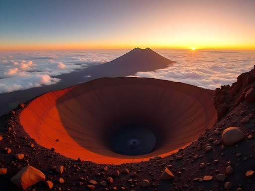 Panoramic sunrise view from Mount Teide summit showing volcanic landscape