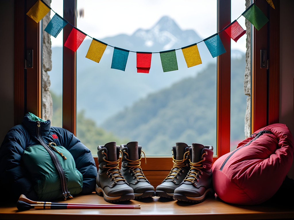 Trekking gear laid out with Bhutanese prayer flags and mountains in background