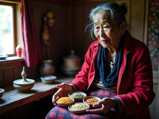 Elderly Bhutanese woman showing traditional seed storage methods in highland home