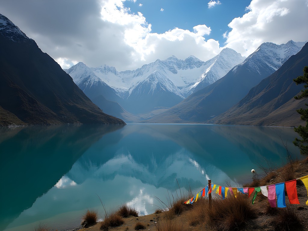 Crystal clear alpine lake reflecting Himalayan peaks with prayer flags in foreground