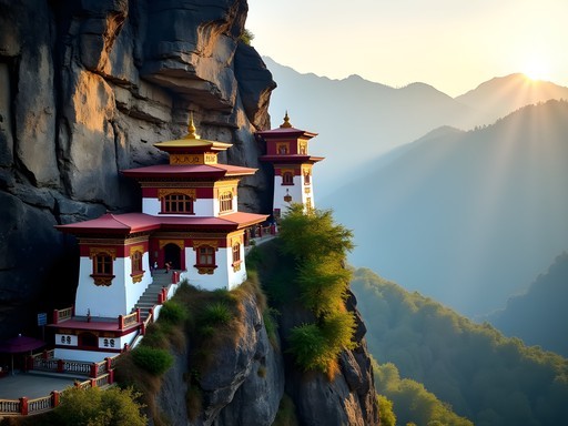 Ancient Phajoding Monastery perched on mountainside with dramatic sunrise lighting