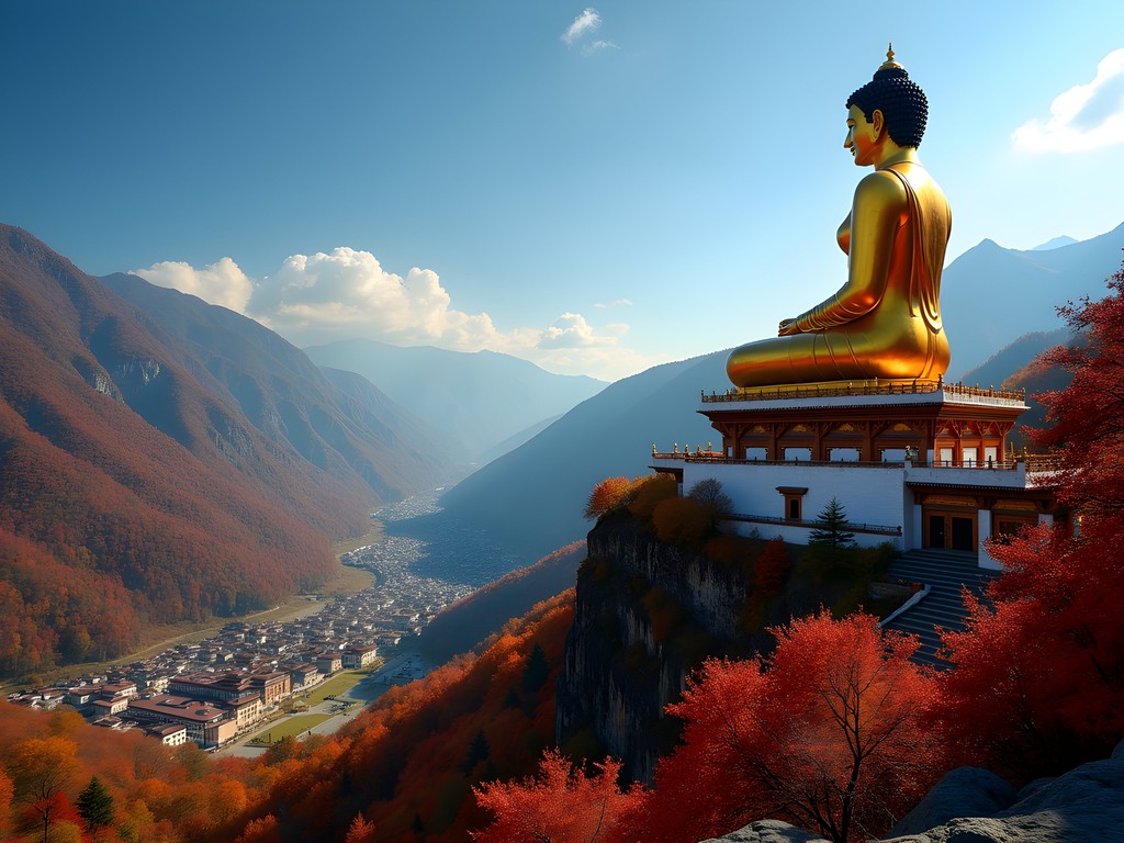 Massive Buddha Dordenma statue overlooking Thimphu valley with autumn foliage