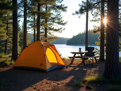 Campsite setup at Marie Louise Lake Campground with tent and cooking area