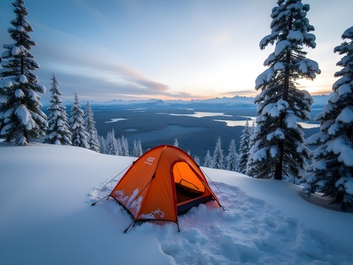 Winter camping setup on Porcupine Ridge with snow-covered forest views