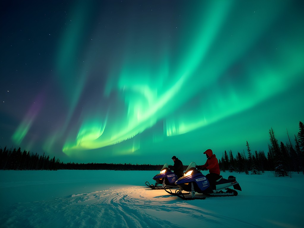 Northern lights display over snow-covered landscape with snowmobiles in foreground