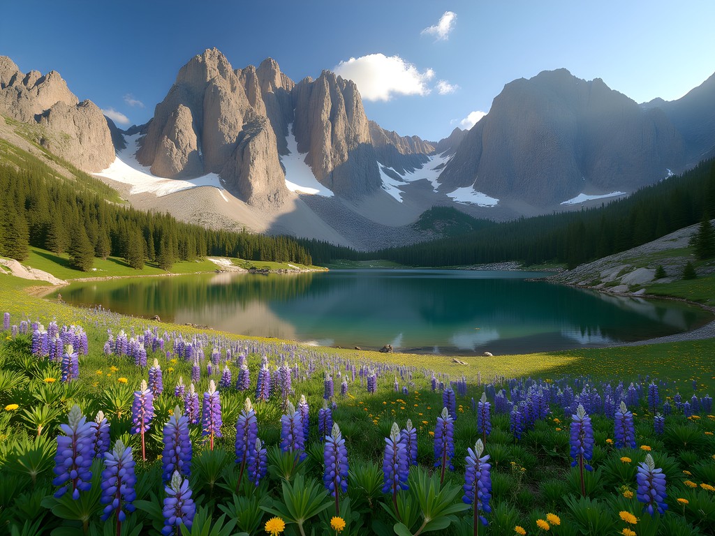 Alpine meadow with wildflowers in Sawtooth National Forest near Twin Falls Idaho