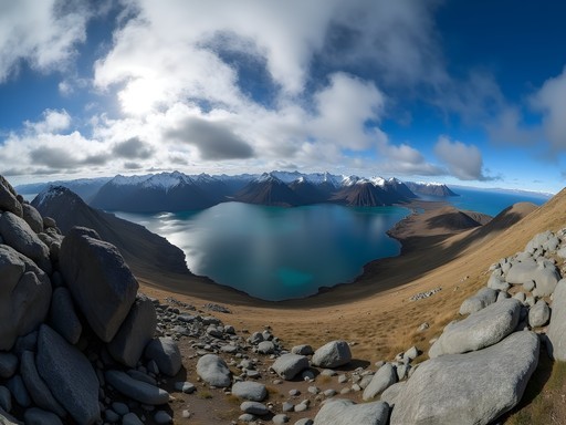 Panoramic view from Cerro Guanaco summit showing mountains, forests and the Beagle Channel