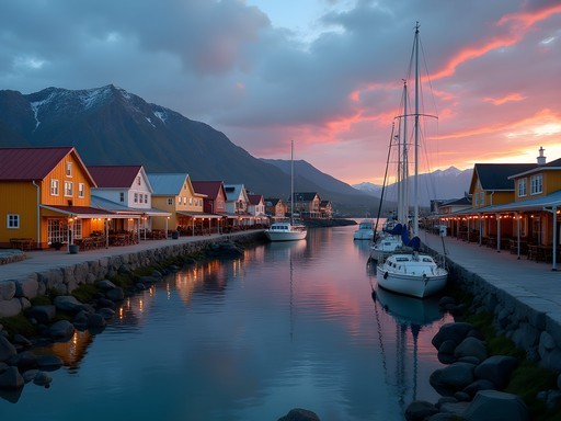 Sunset view of Ushuaia harbor with restaurants and mountains in background