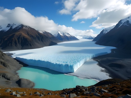 Vinciguerra Glacier with turquoise lagoon surrounded by rugged mountain terrain